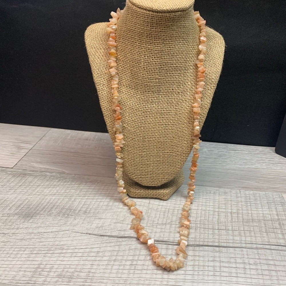 Natural Peach Moonstone Chip Necklace 32 Inch Long Polished Stone Strand Boho